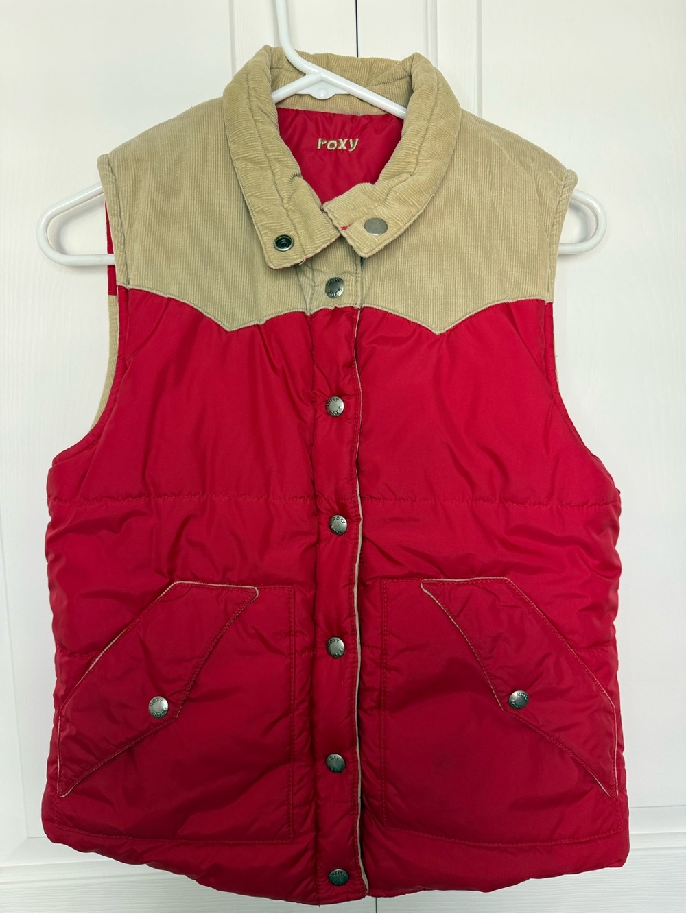 Roxy Reversible Puffer Vest Small Women’s Red Tan Corduroy Western Outdoor